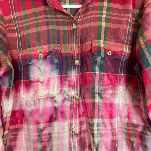 Upcycled Flannel Shirt Womens Size Medium Custom Bleached Plaid Boho Button Down - Picture 3 of 10